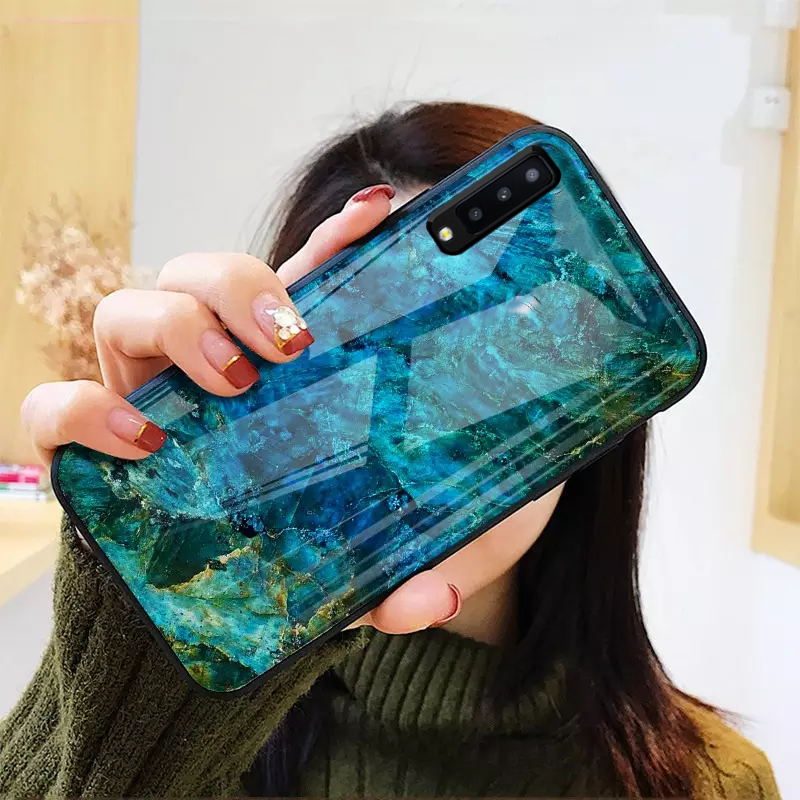 ( 3 in 1 COMBO )Galaxy A50 Luxury Artistic Marble Glass Phone Case + Earphones + 5D Tempered Glass