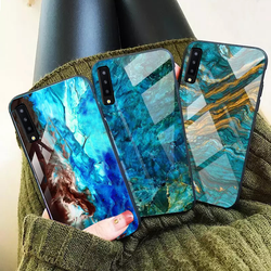 ( 3 in 1 COMBO )Galaxy A50 Luxury Artistic Marble Glass Phone Case + Earphones + 5D Tempered Glass
