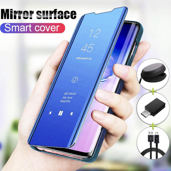 Redmi Note 7 / 7 Pro (4-IN-1 COMBO) Mirror Clear Flip Non Sensor Case + Earphone Pouch + Type-C OTG Adapter + USB Cable