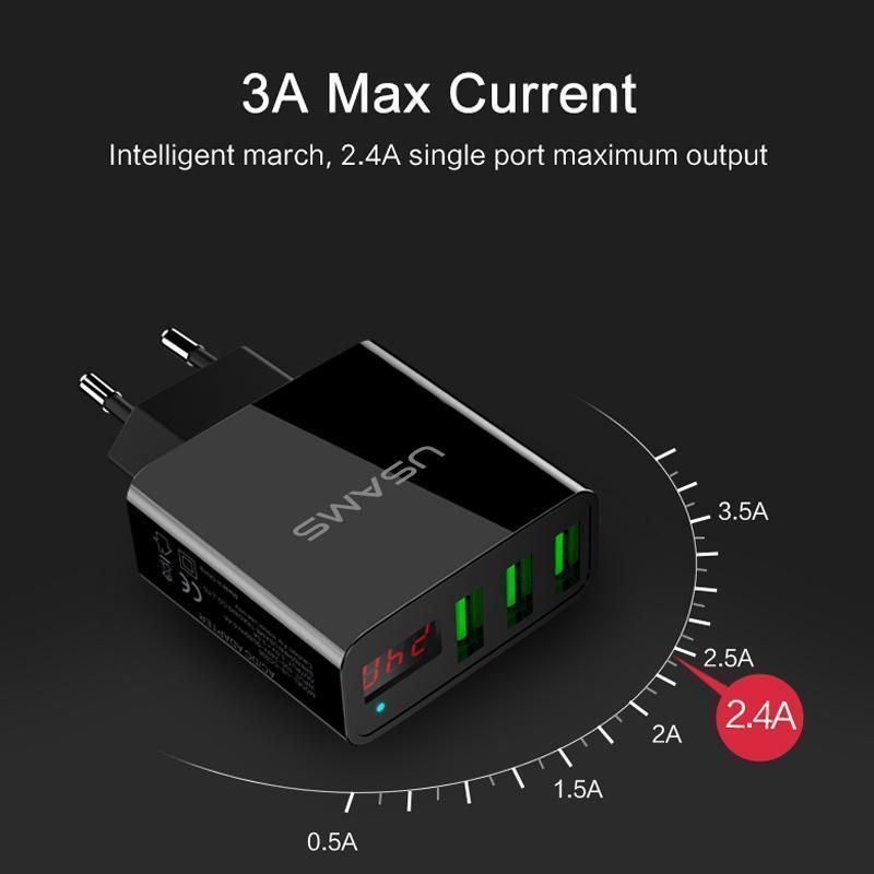 iPhone iPad LED Display Max 2.4A EU/US Plug 3 Port USB Mobile Wall Charger