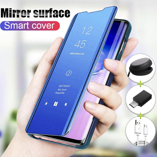 Galaxy S10 / S10 Plus (4-IN-1 COMBO) Mirror Clear Flip Non Sensor Case + Earphone Pouch + Type-C OTG Adapter + USB Cable