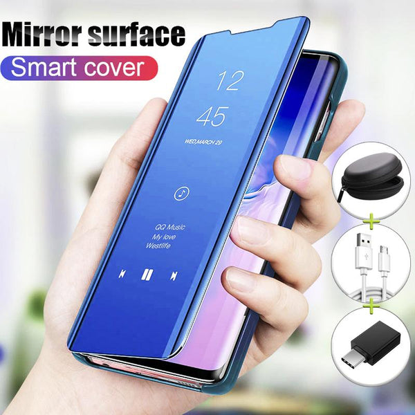 Galaxy A70 / 70S (4-IN-1 COMBO) Mirror Clear Flip Non Sensor Case + Earphone Pouch + Type-C OTG Adapter + USB Cable