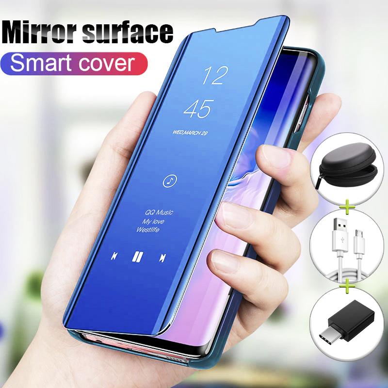 Galaxy M21 (4-IN-1 COMBO) Mirror Clear Flip Non Sensor Case + Earphone Pouch + Type-C OTG Adapter + USB Cable